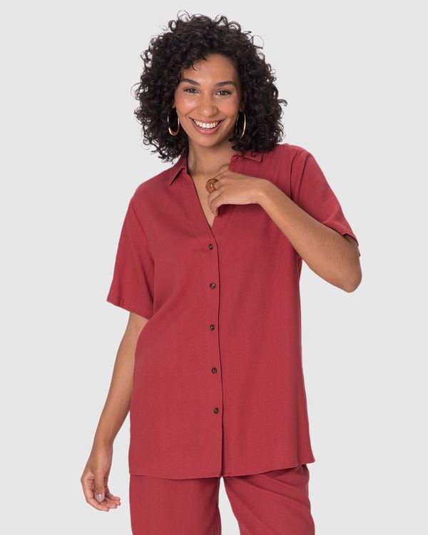 Camisa Básica Feminina Abotoamento Frontal Manga Curta Em Viscolinho Rosa - G