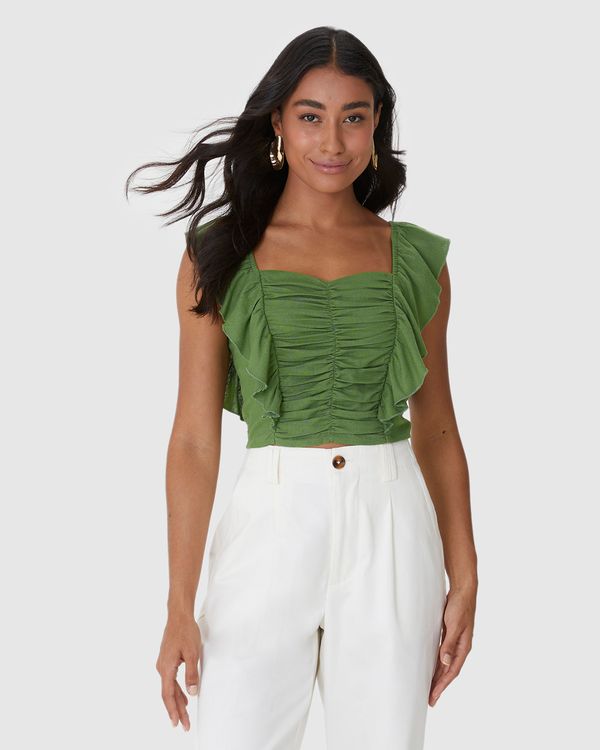 Regata Cropped Feminina Com Babados Em Viscolinho Verde - GG