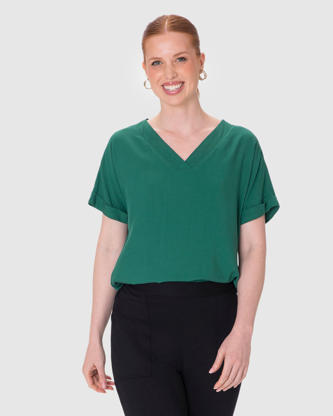 Blusa Feminina Decote V Manga Curta Dobrada Em Viscose - Imagem 11