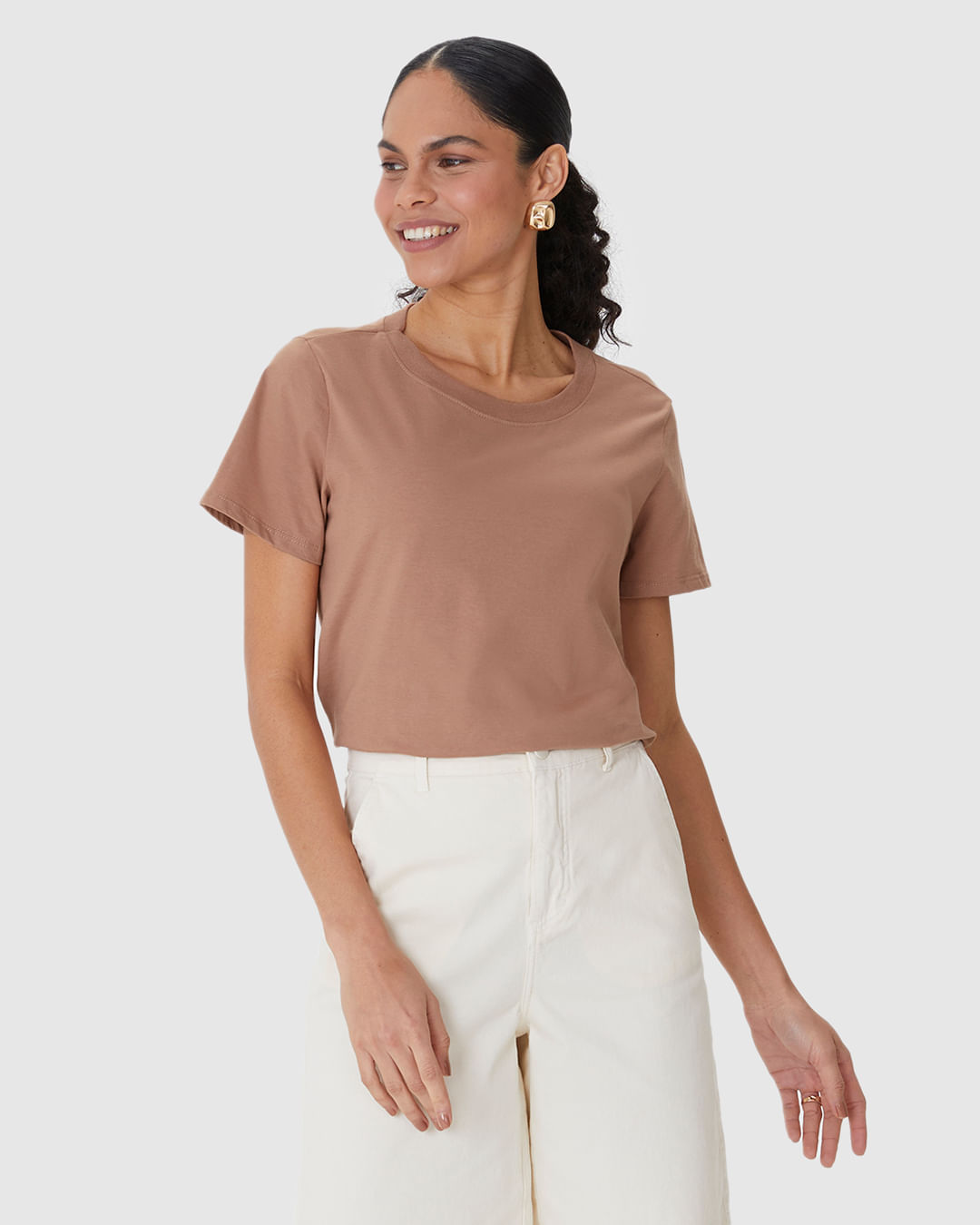 Blusa Básica Feminina Decote Redondo Com Pesponto Em Algodão - Imagem 21