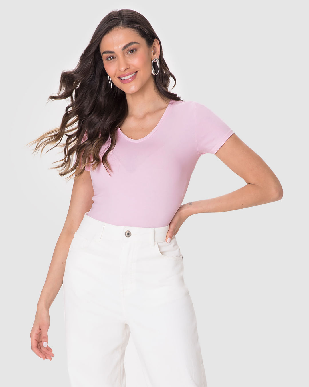 Camiseta Básica Feminina Decote V Em Algodão - Rosa - GG