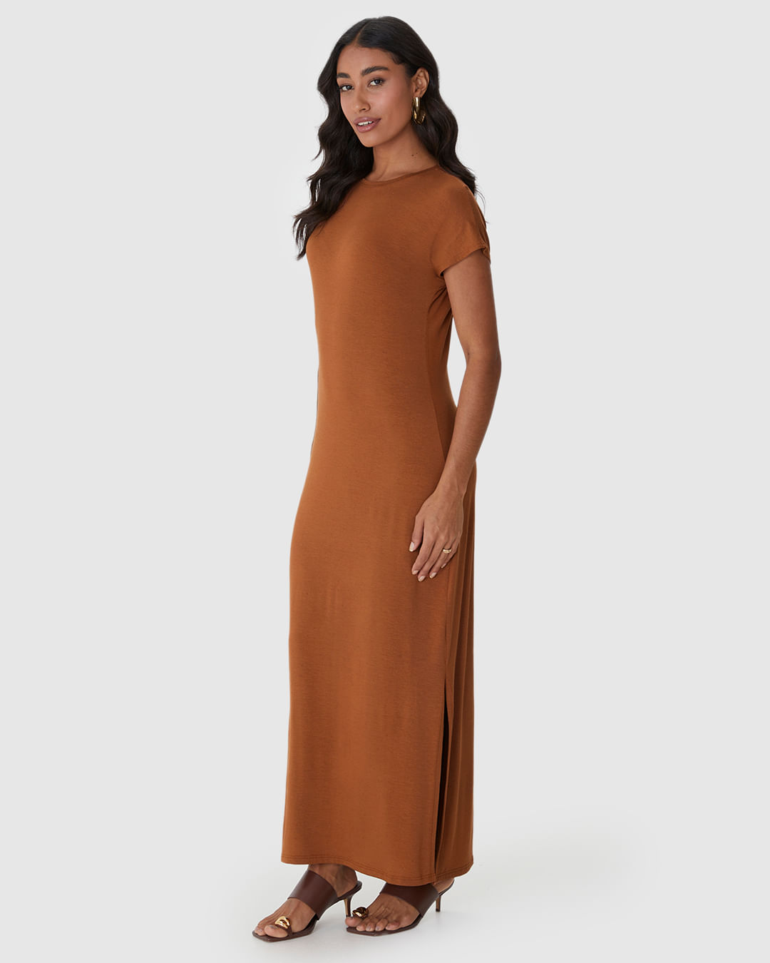 Vestido Midi Feminino Fenda Lateral Em Malha Viscolinho Stretch - Imagem 2
