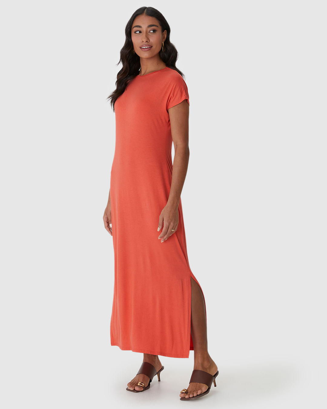 Vestido Midi Feminino Fenda Lateral Em Malha Viscolinho Stretch - Imagem 8