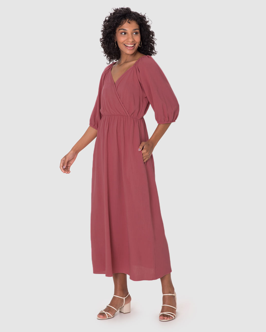 Vestido Midi Feminino Decote V Manga 3/4 Em Viscolinho Texturizado - Imagem 2