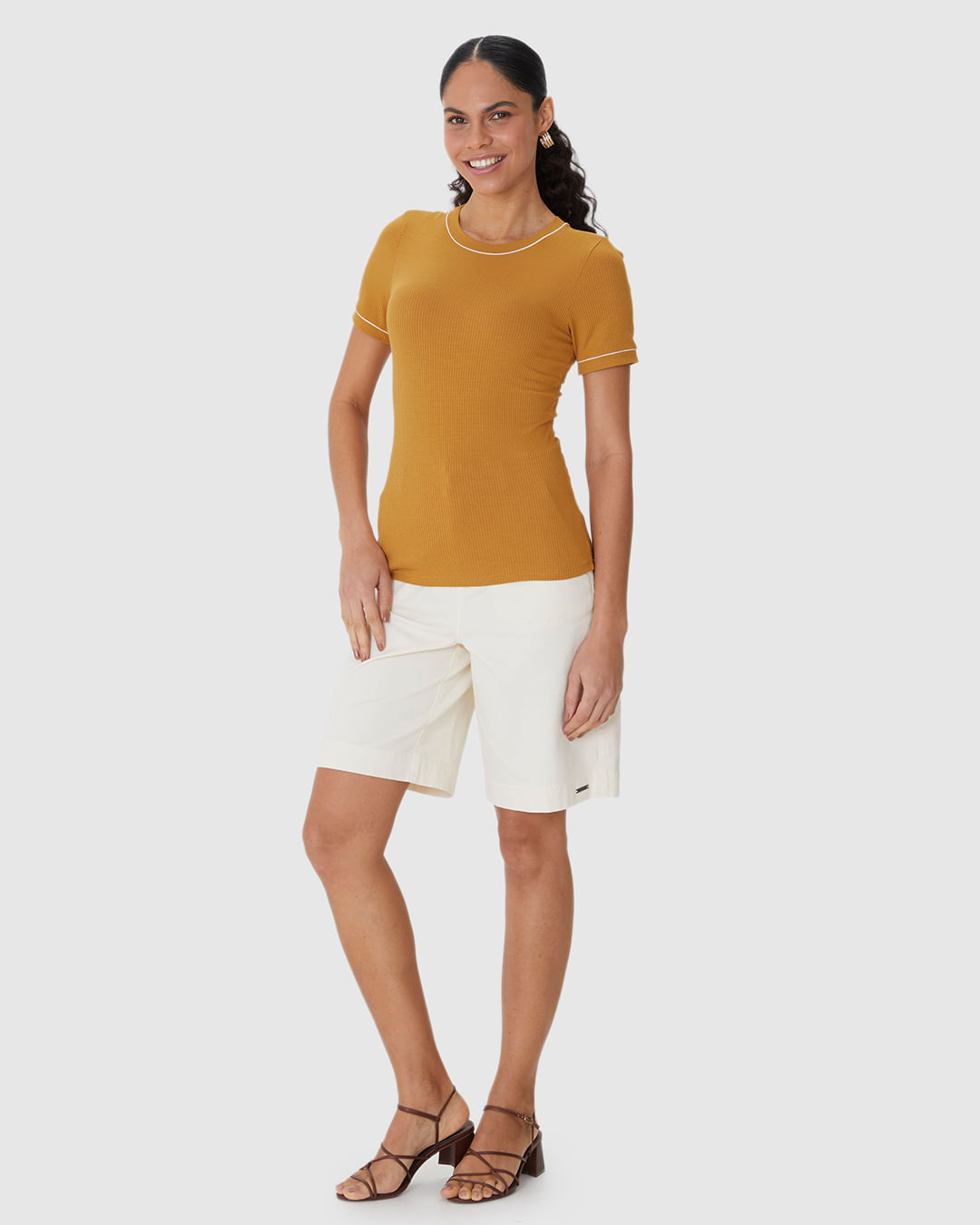 Blusa Básica Feminina Costura Contraste Em Malha Viscose Canelada - Imagem 27