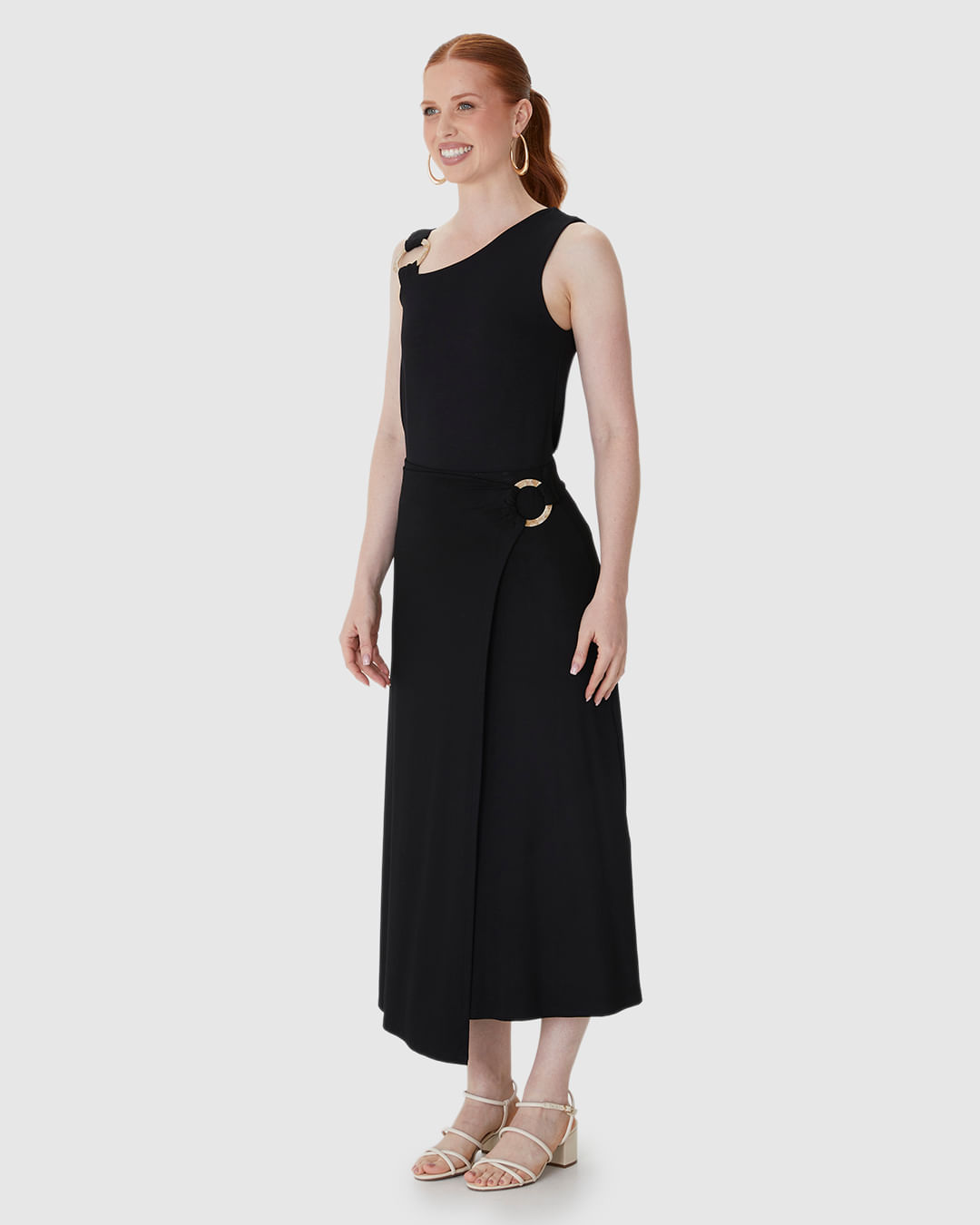 Saia Midi Feminina Evasê Detalhe Com Argola Em Malha Viscose Stretch - Imagem 12