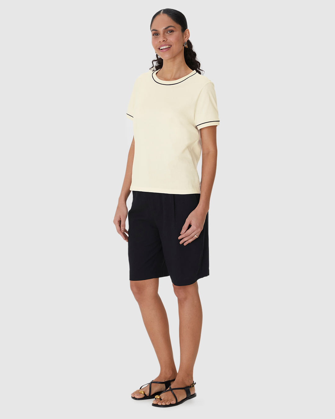 Blusa Básica Feminina Decote Redondo Costura Contraste Em Algodão - Imagem 22