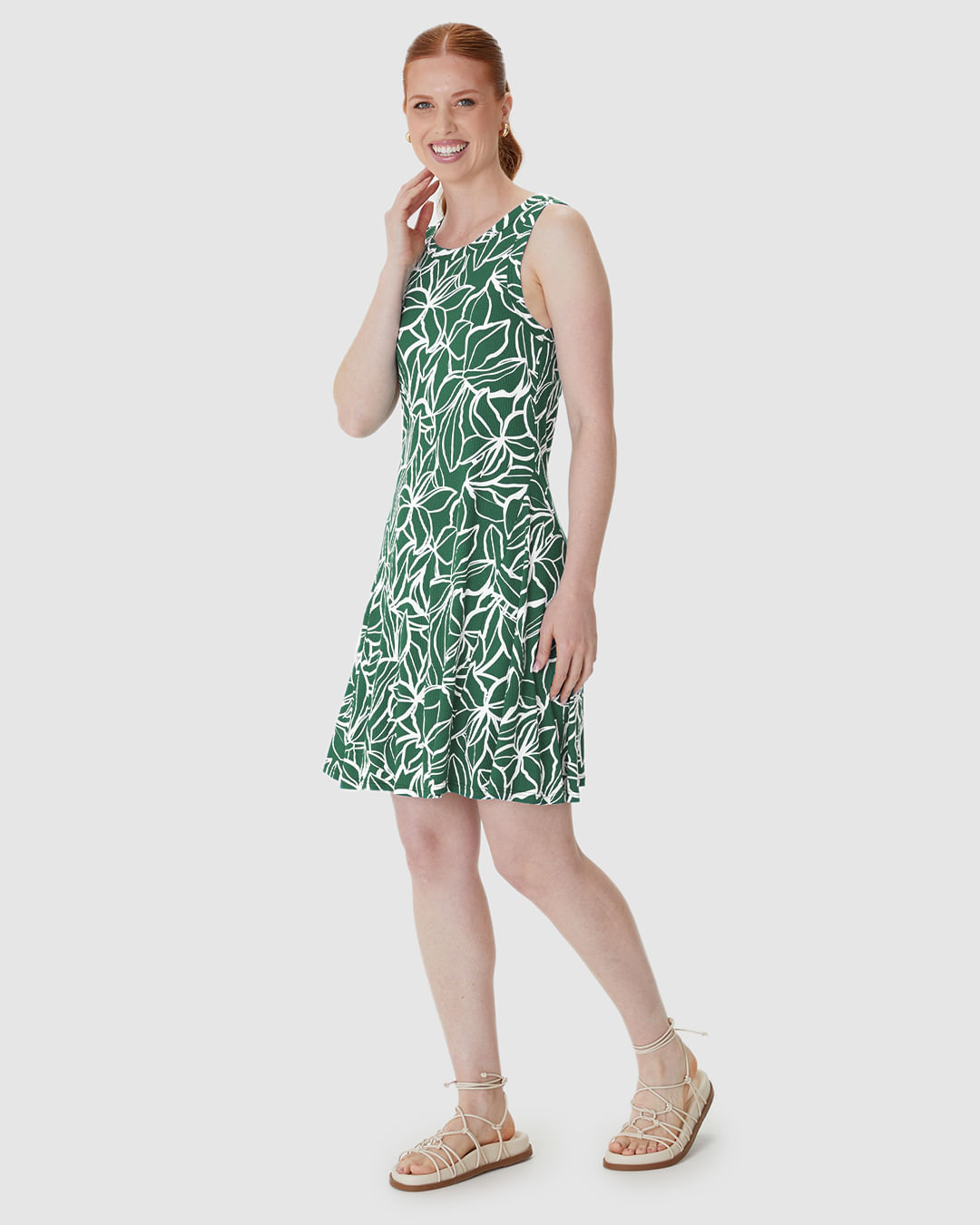 Vestido Feminino Evasê Sem Manga Estampa Folhagem Em Malha Viscose Canelada - Imagem 17
