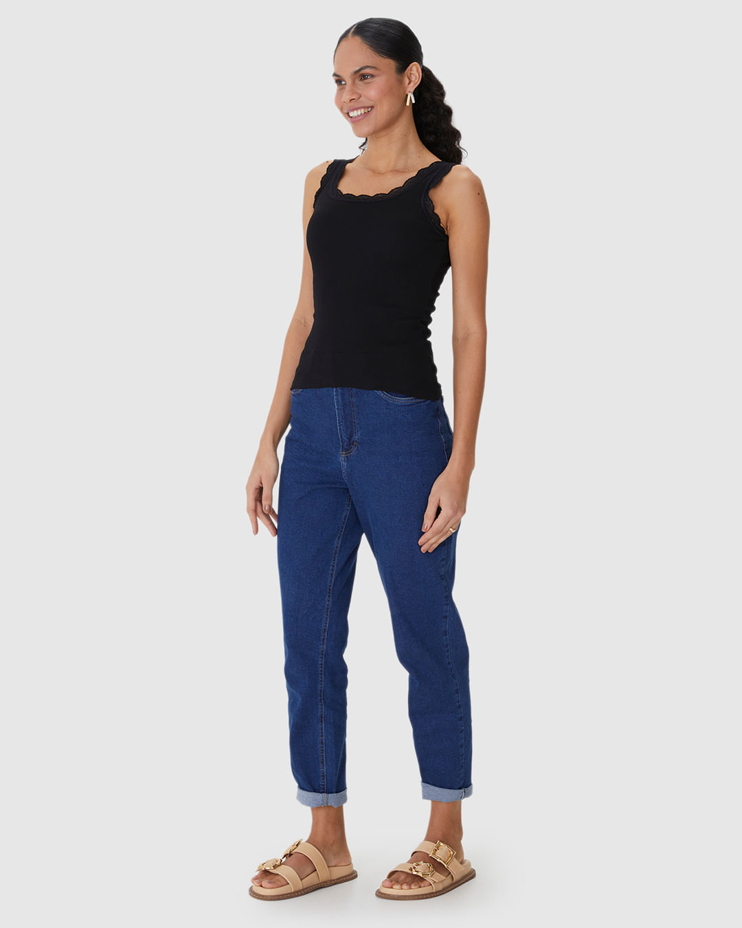 Regata Básica Feminina Detalhe Costura Renda Em Ribana - Imagem 7