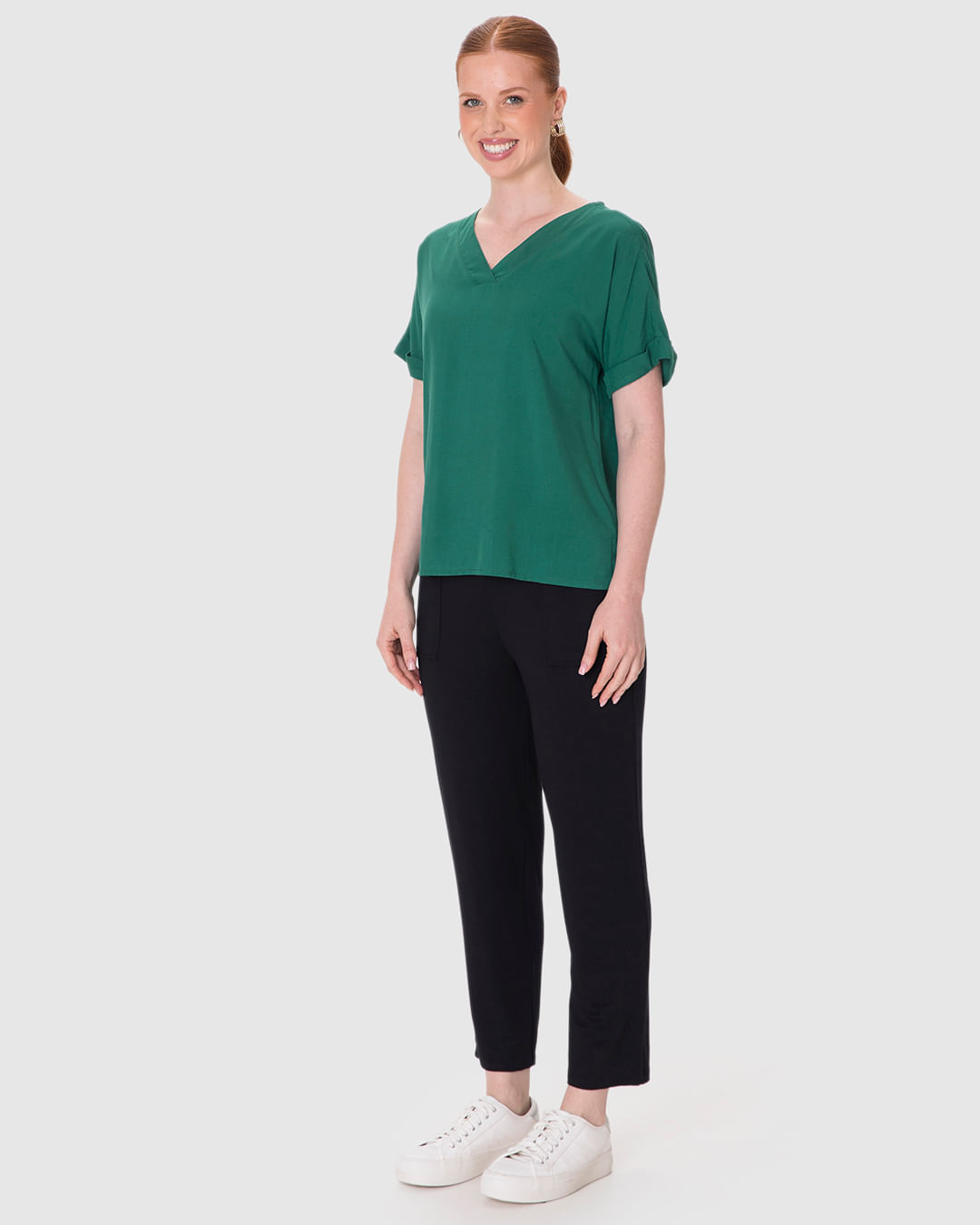 Blusa Feminina Decote V Manga Curta Dobrada Em Viscose - Imagem 7