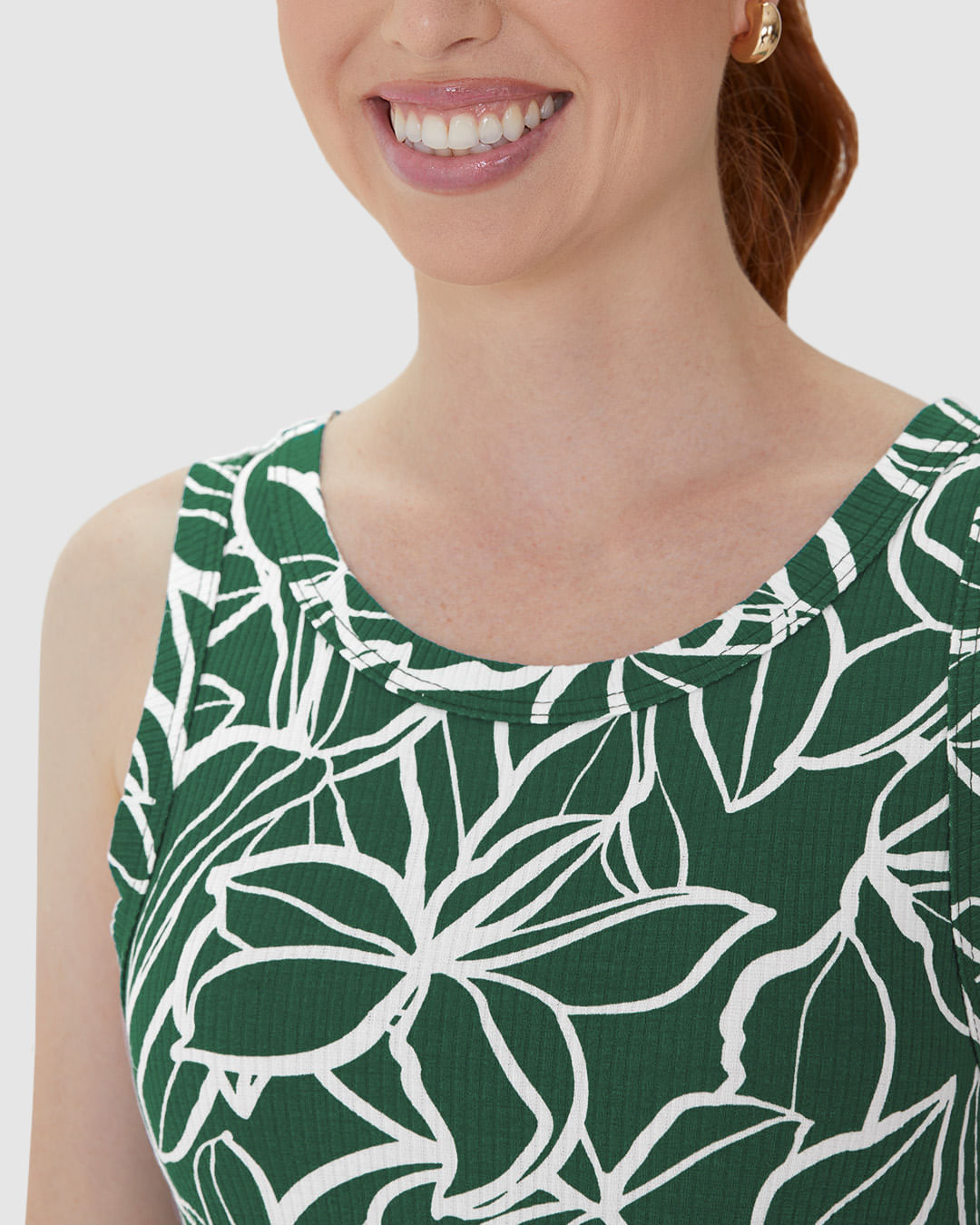 Vestido Feminino Evasê Sem Manga Estampa Folhagem Em Malha Viscose Canelada - Imagem 28