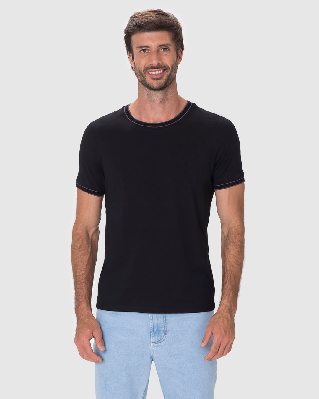 Camiseta Masculina Slim Detalhe Retilínea Costura Contraste Em Algodão - Imagem 14