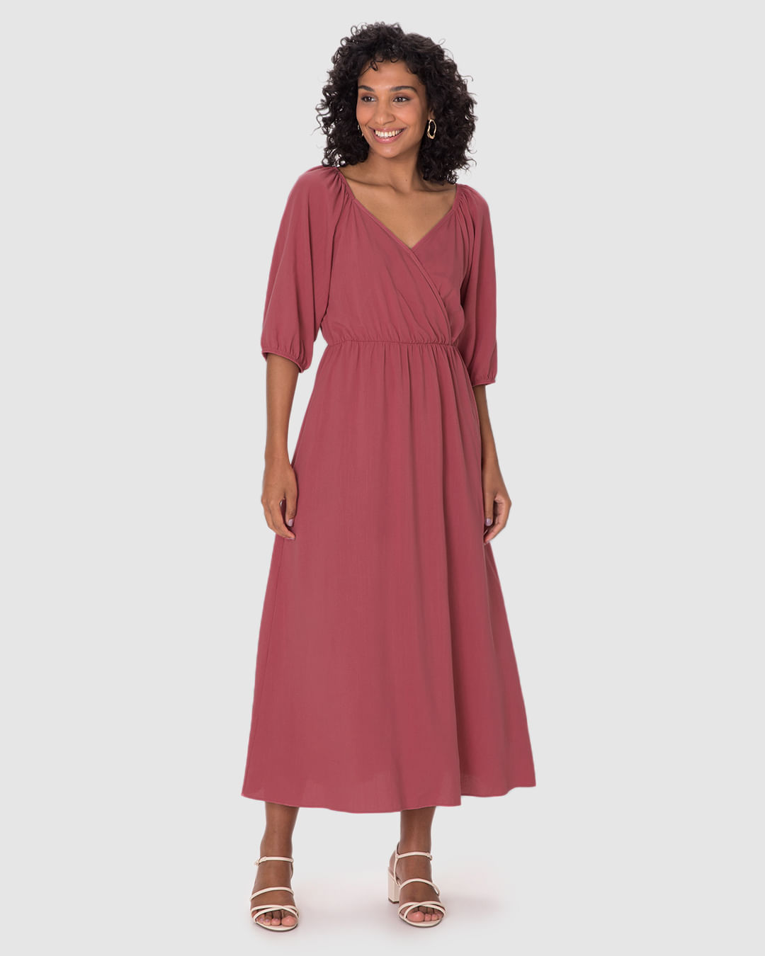 Vestido Midi Feminino Decote V Manga 3/4 Em Viscolinho Texturizado - Imagem 14