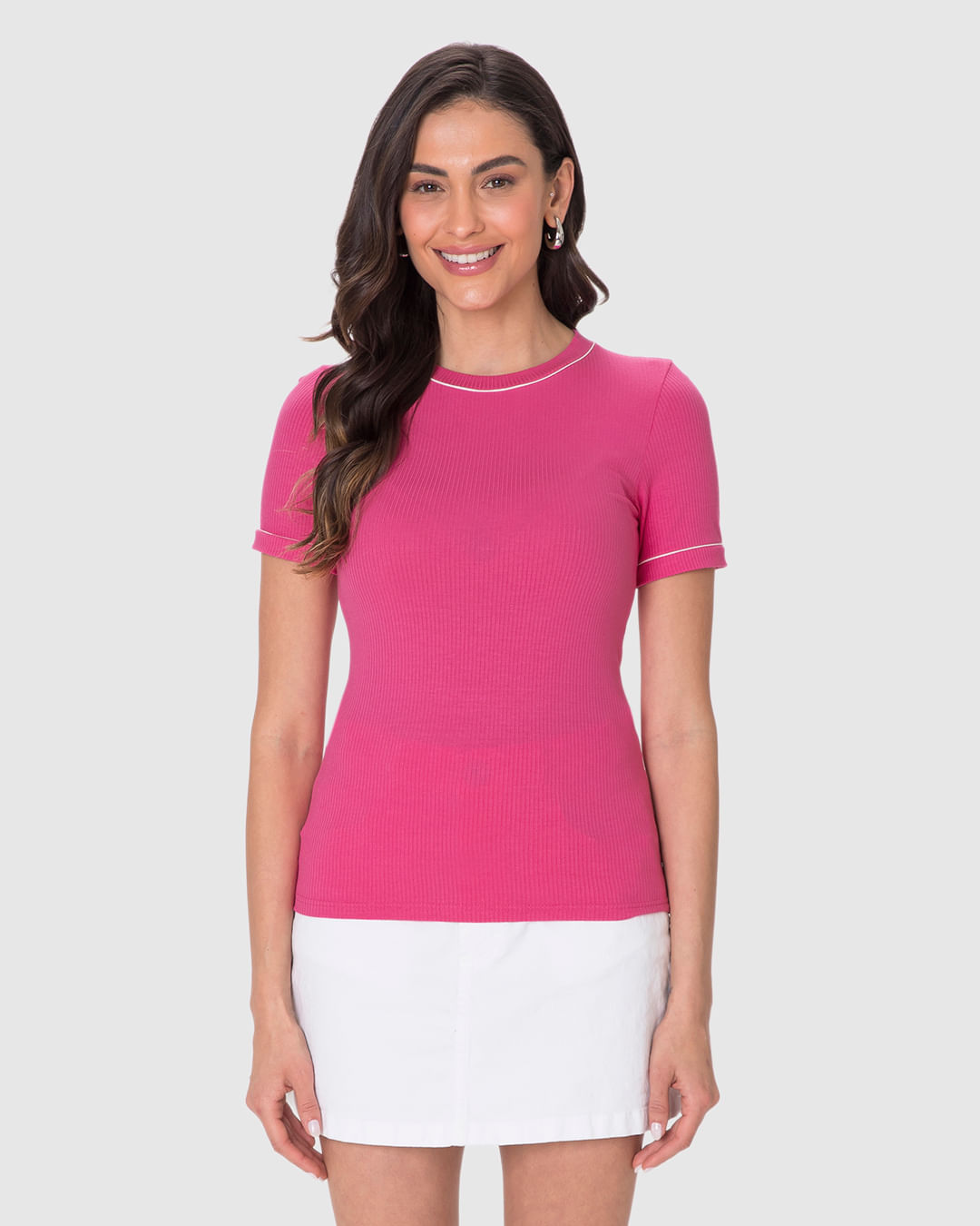 Blusa Básica Feminina Costura Contraste Em Malha Viscose Canelada - Imagem 19