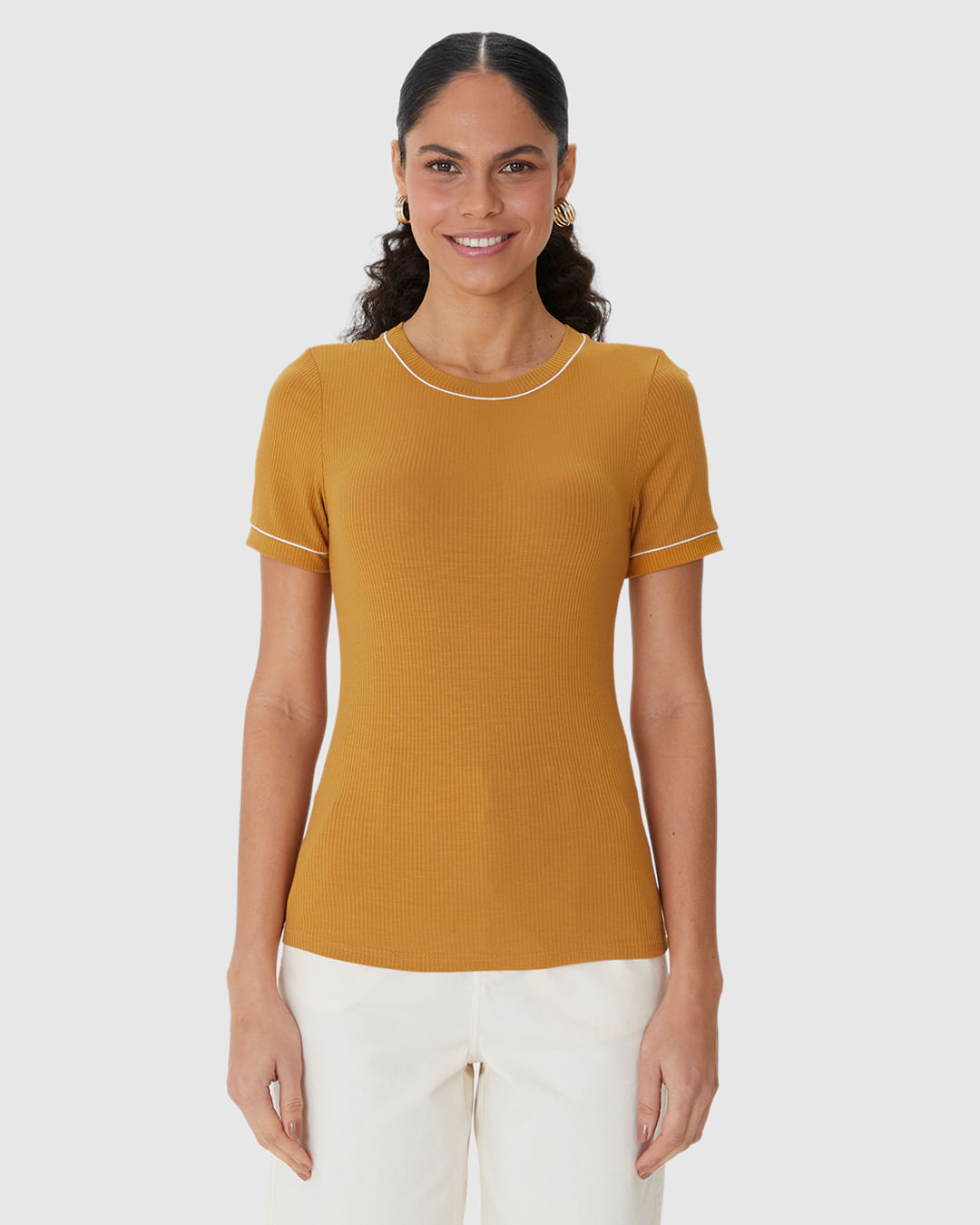 Blusa Básica Feminina Costura Contraste Em Malha Viscose Canelada - Imagem 4