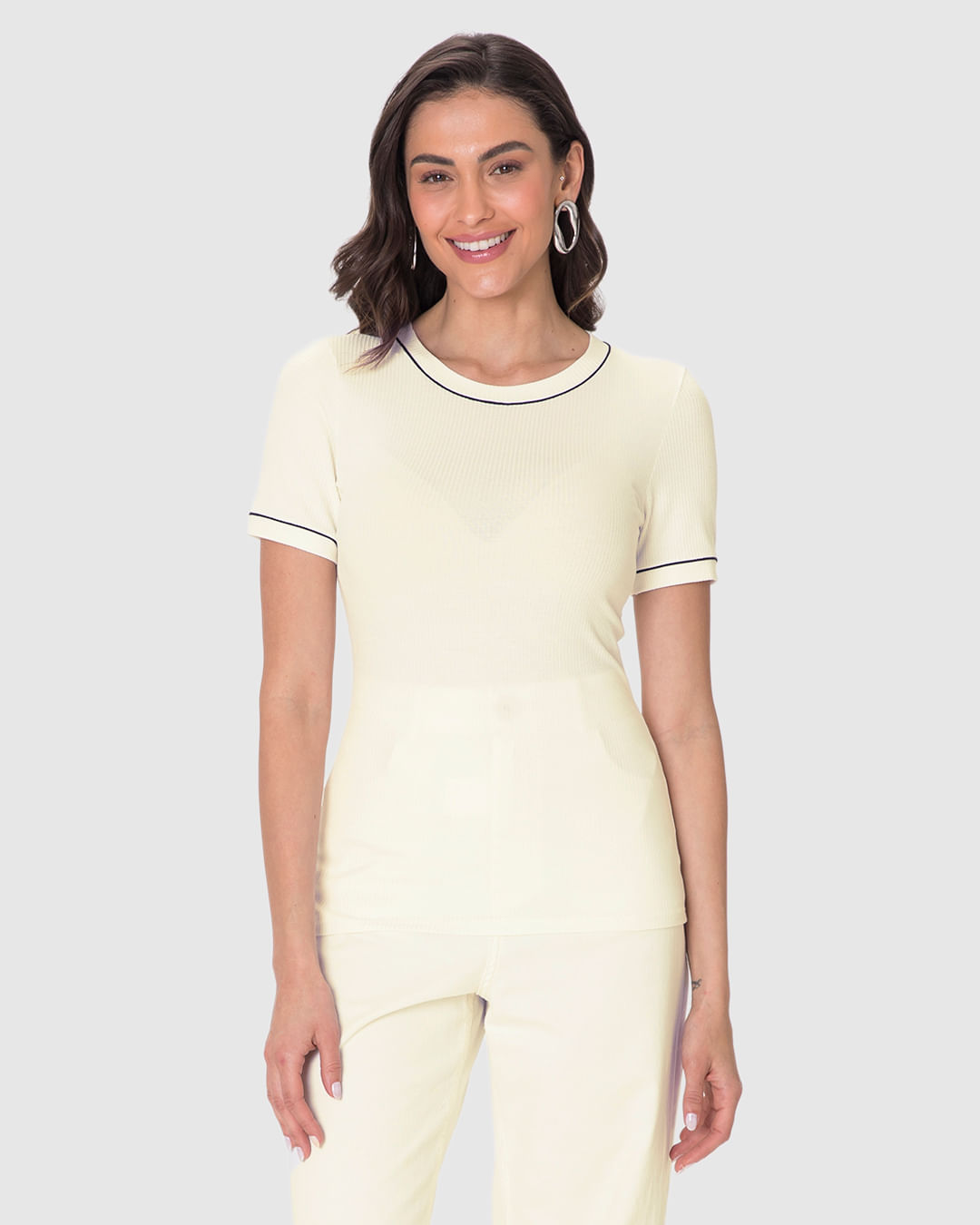 Blusa Básica Feminina Costura Contraste Em Malha Viscose Canelada - Imagem 29