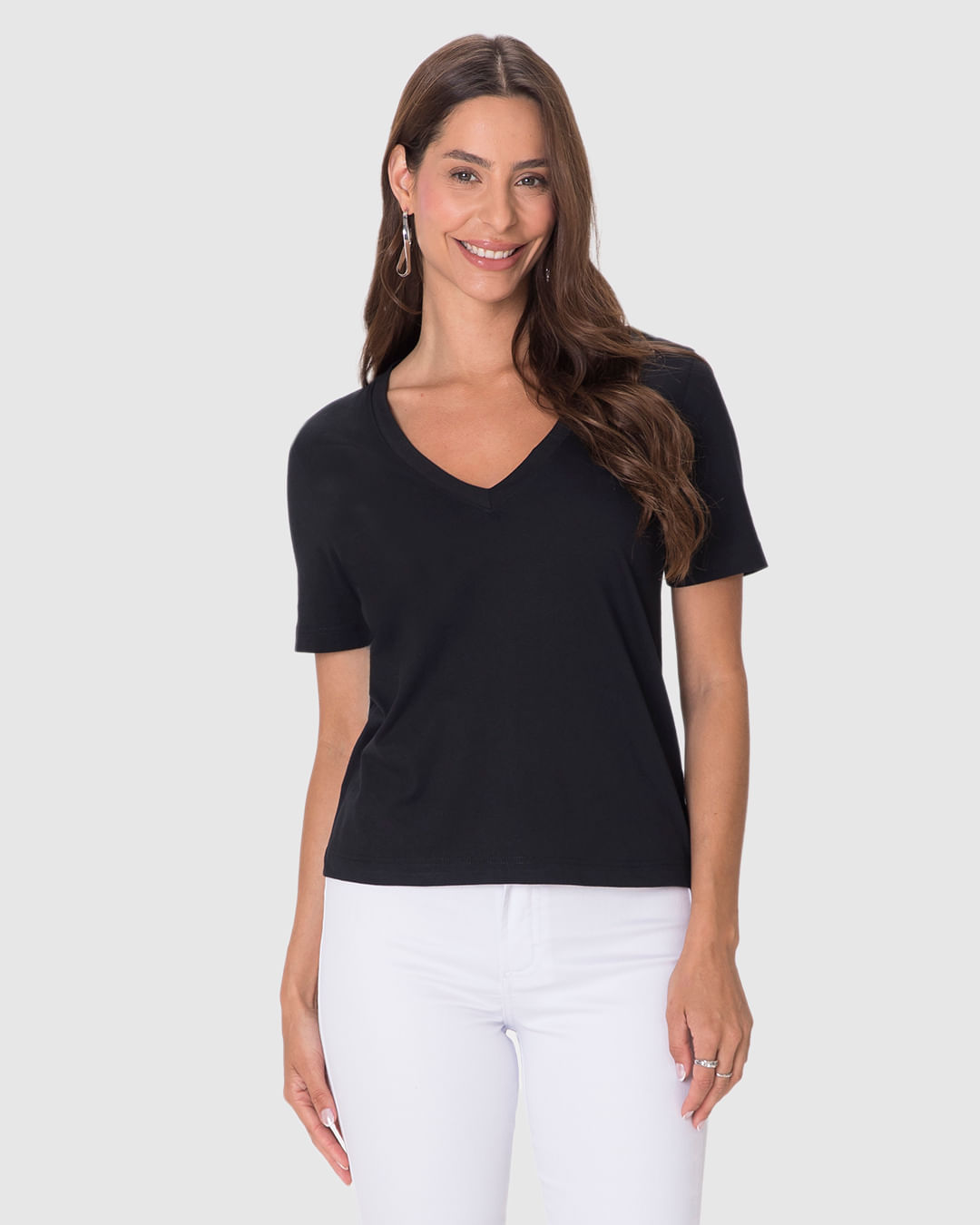 Blusa Básica Feminina Ampla Decote V Manga Curta Em Algodão - Imagem 9