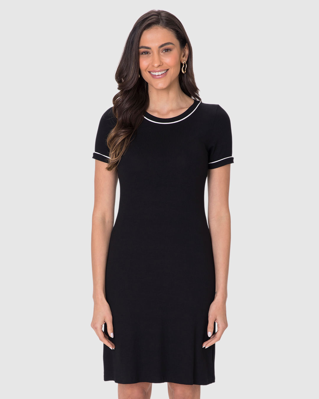 Vestido Básico Feminino Costura Contraste Em Malha Viscose Canelada - Imagem 9