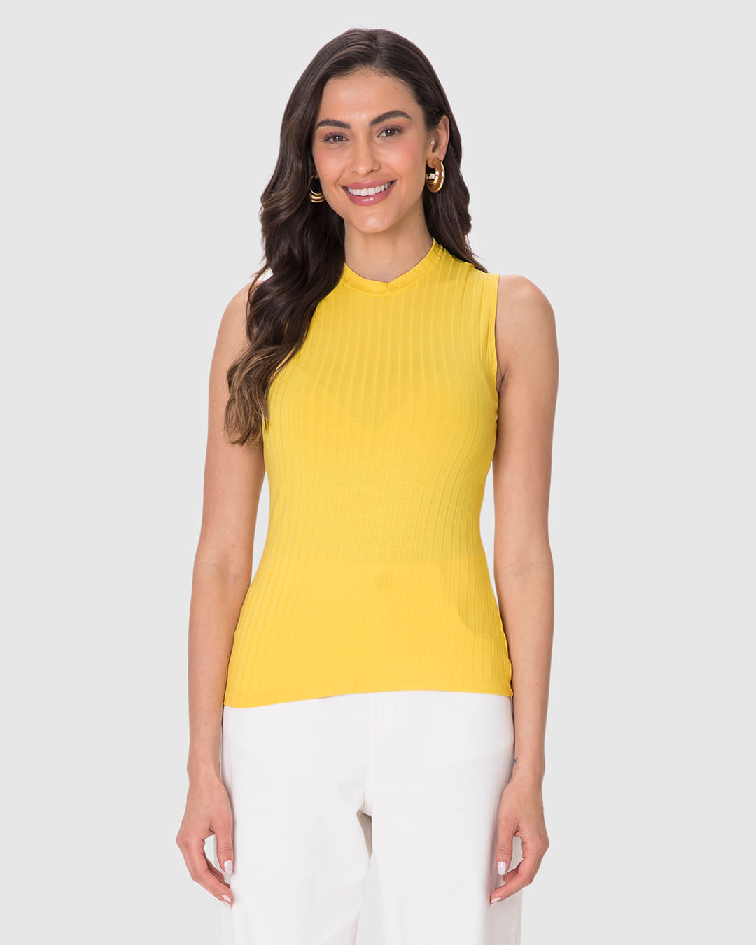 Regata Básica Feminina Justa Gola Alta Em Malha Viscose Canelada - Imagem 29