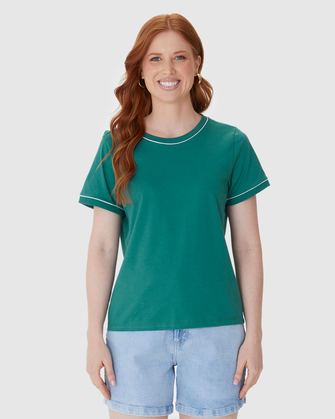 Blusa Básica Feminina Decote Redondo Costura Contraste Em Algodão - Imagem 14