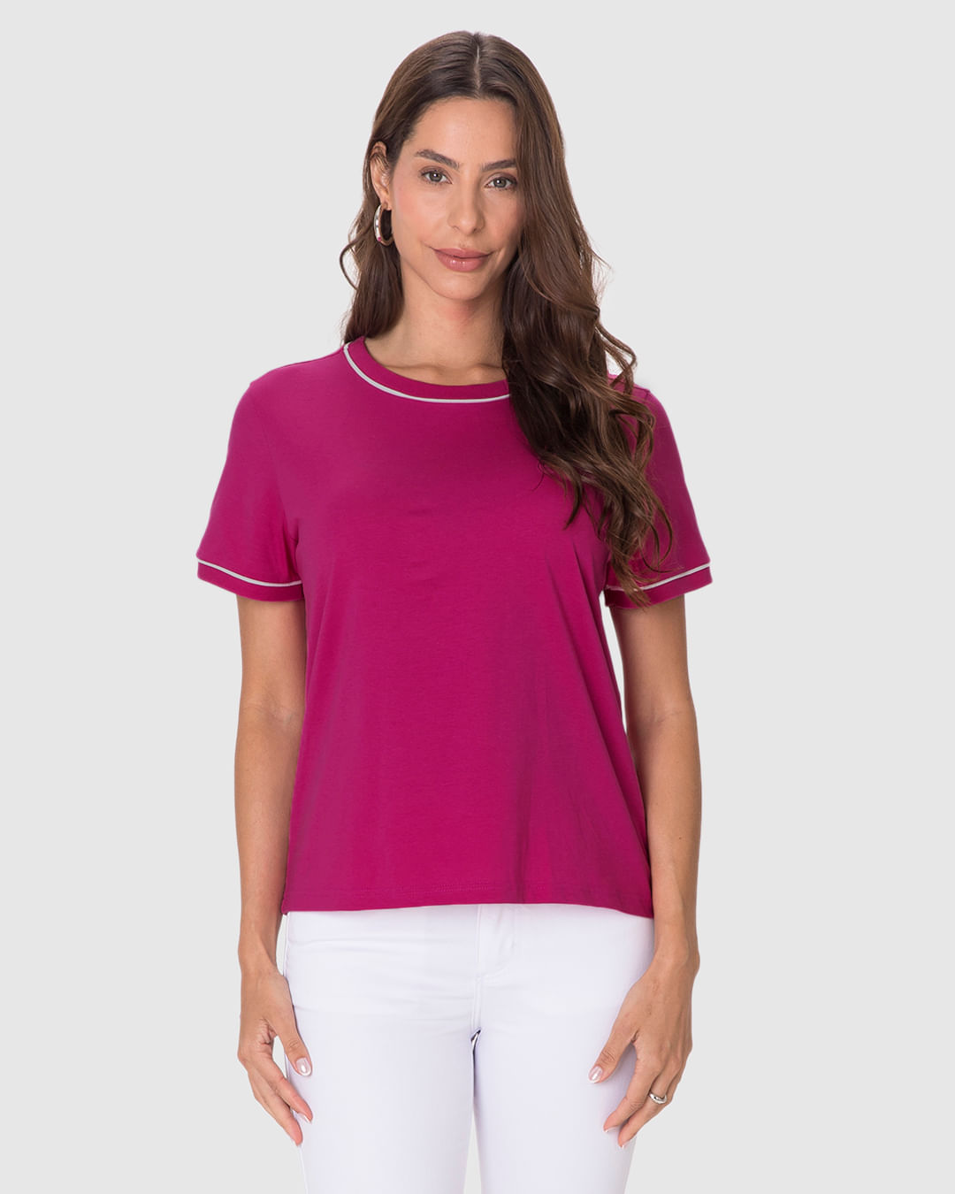 Blusa Básica Feminina Decote Redondo Costura Contraste Em Algodão - Imagem 4