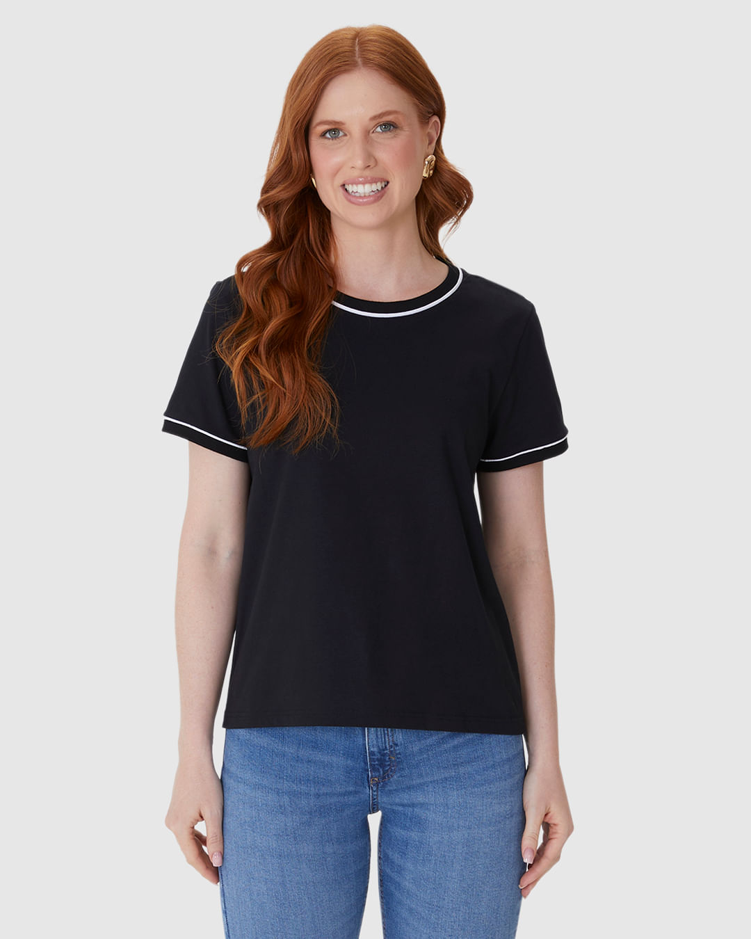 Blusa Básica Feminina Decote Redondo Costura Contraste Em Algodão - Imagem 29