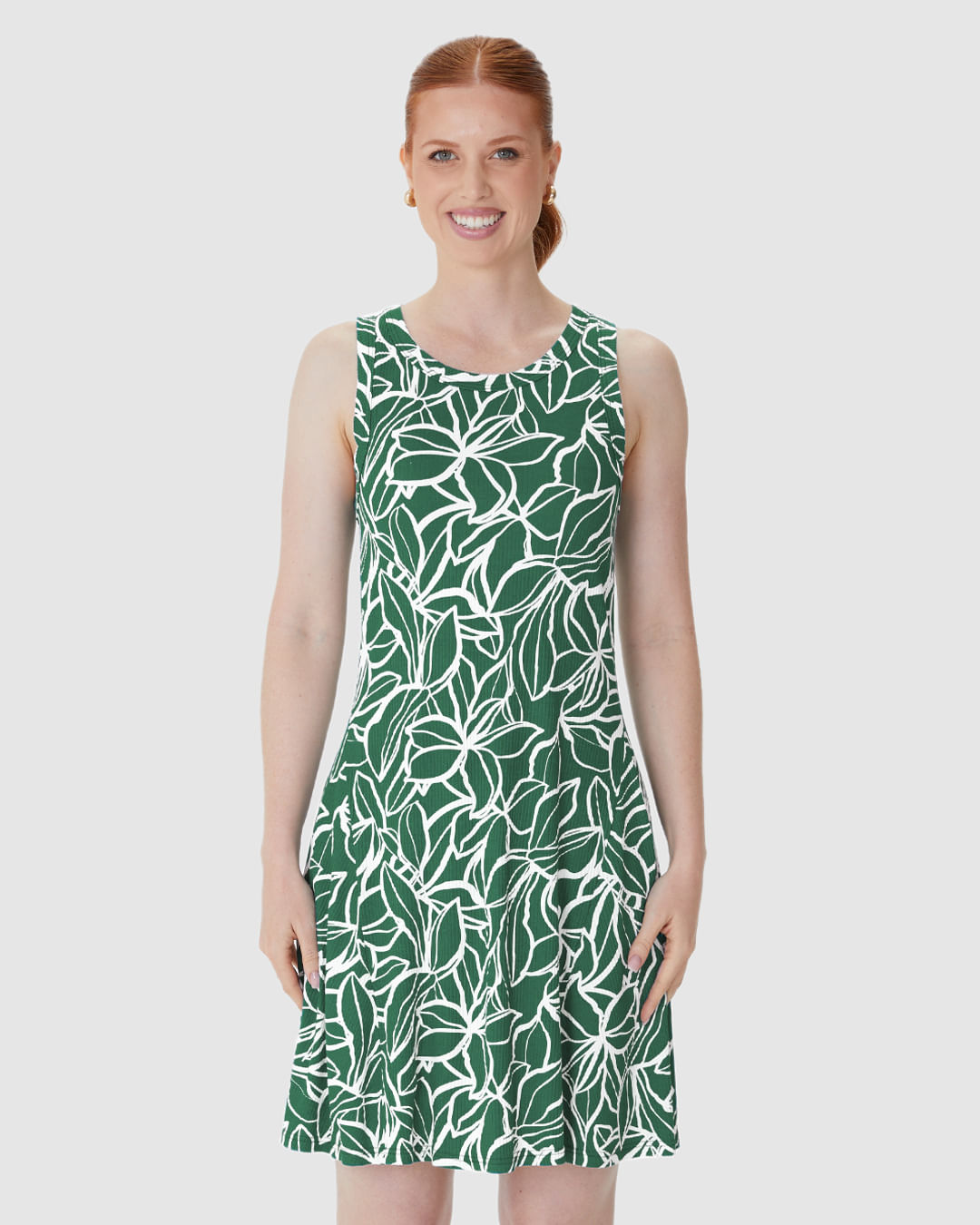 Vestido Feminino Evasê Sem Manga Estampa Folhagem Em Malha Viscose Canelada - Imagem 29