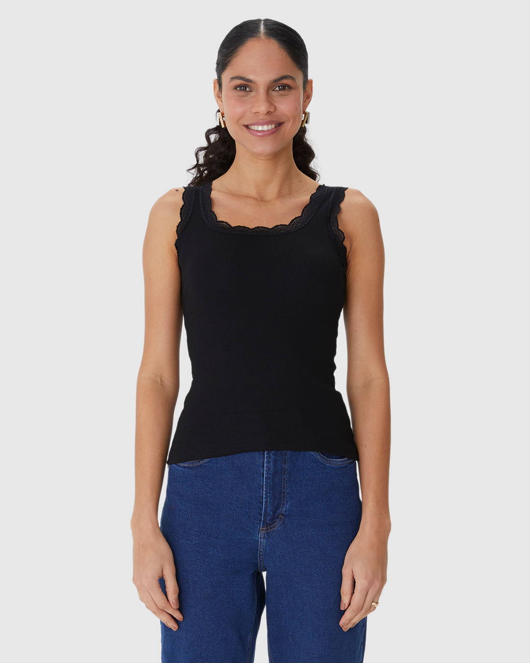 Regata Básica Feminina Detalhe Costura Renda Em Ribana - Imagem 9