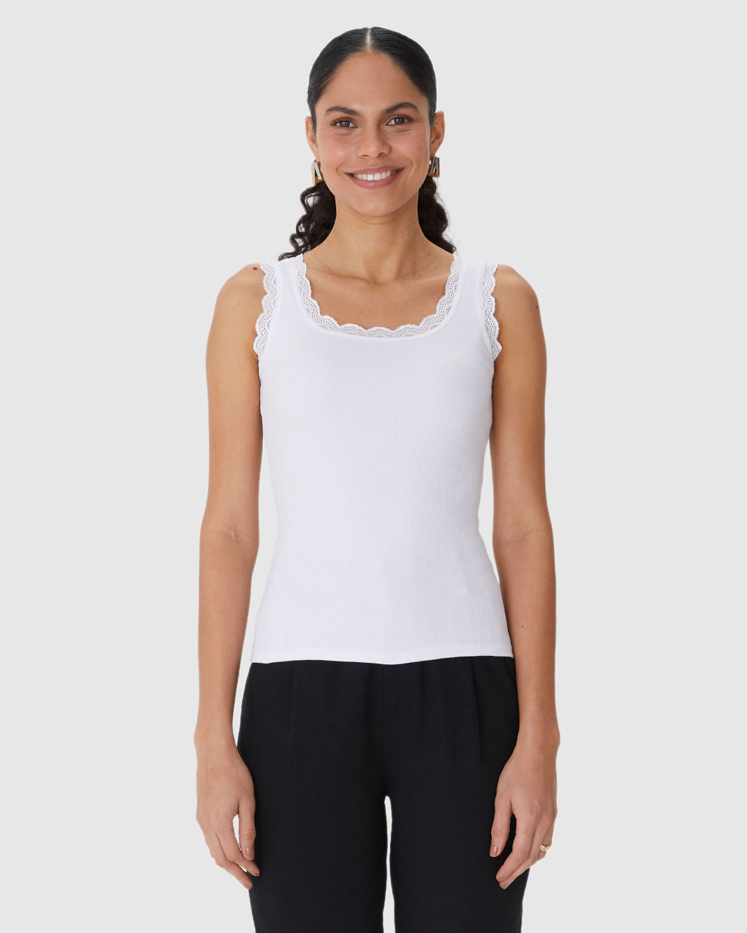 Regata Básica Feminina Detalhe Costura Renda Em Ribana - Imagem 14