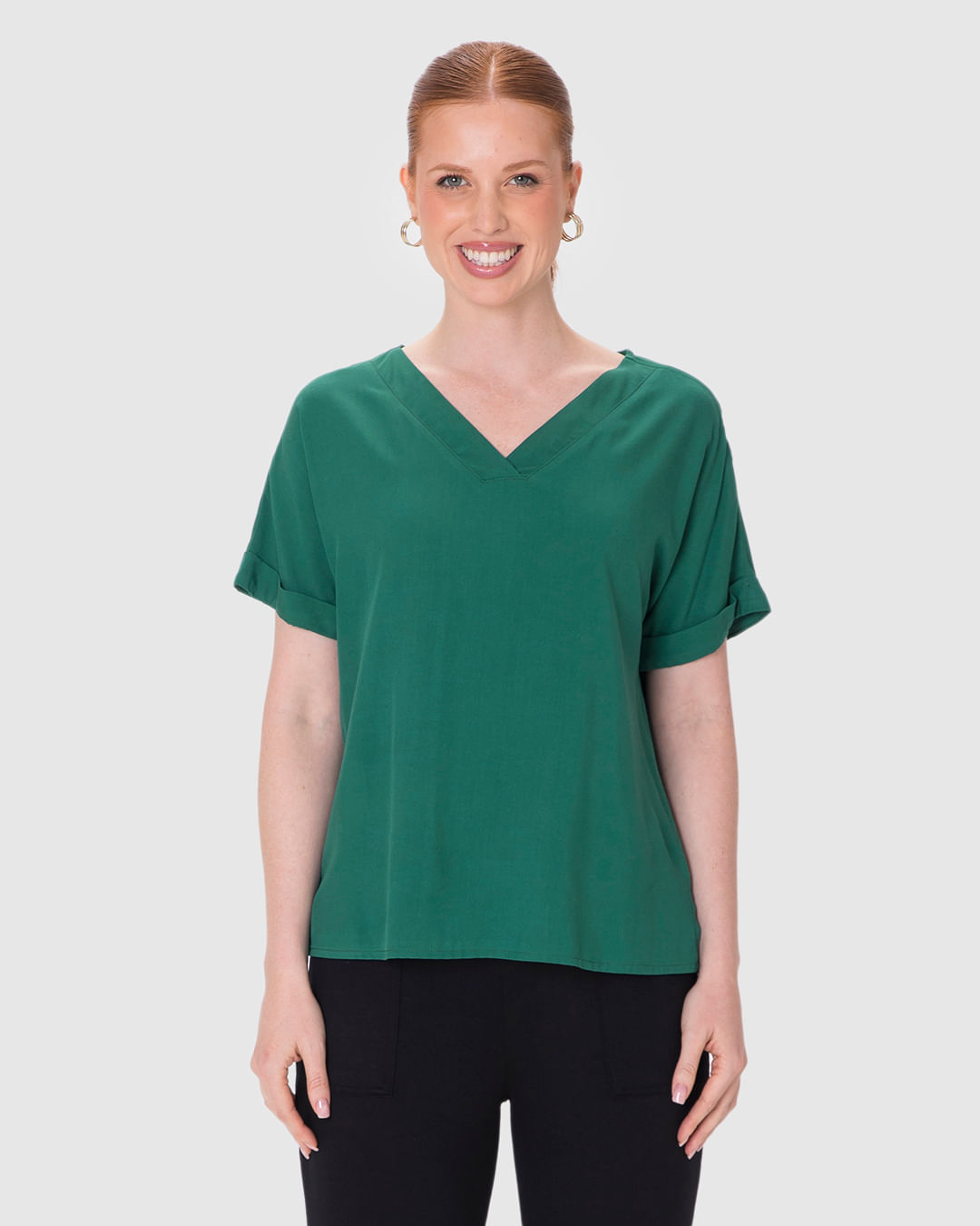 Blusa Feminina Decote V Manga Curta Dobrada Em Viscose - Imagem 9