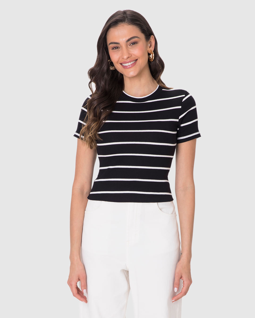 Blusa Básica Feminina Decote Redondo Em Ribana - Imagem 9