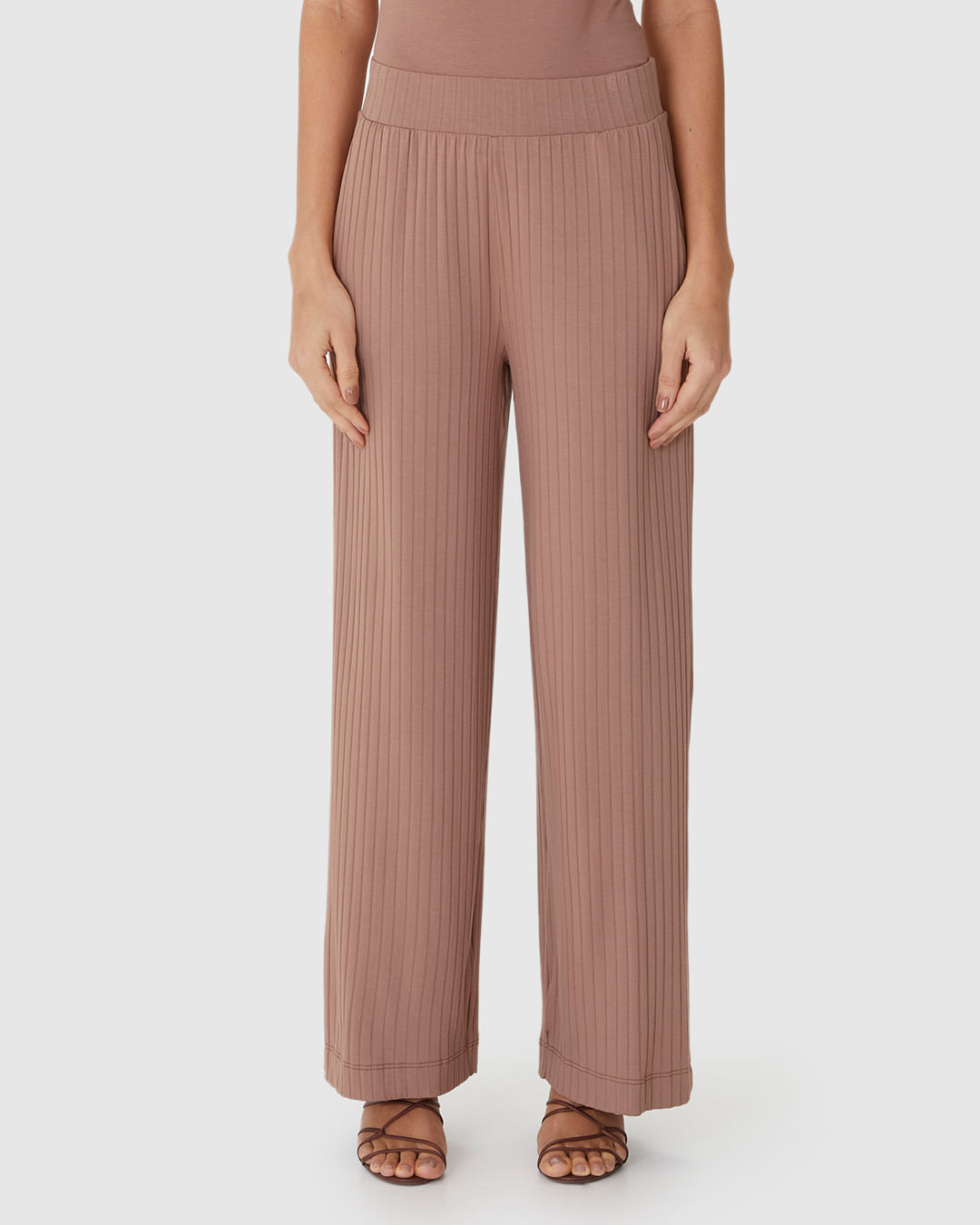 Calça Wide Leg Feminina Cintura Alta Em Malha Canelada De Viscose - Imagem 14