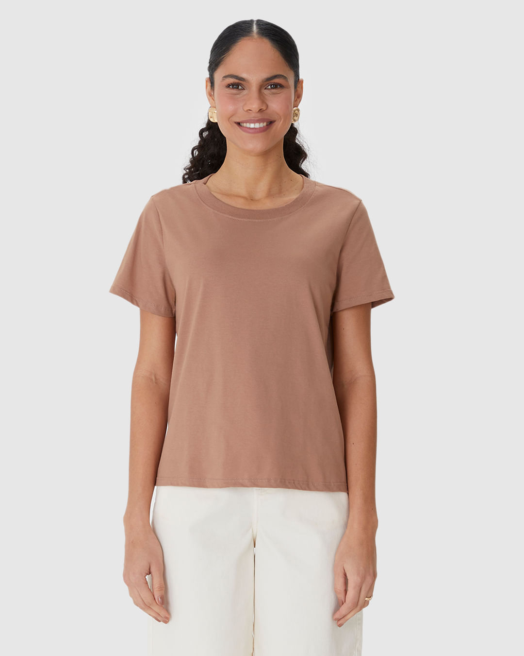 Blusa Básica Feminina Decote Redondo Com Pesponto Em Algodão - Imagem 14