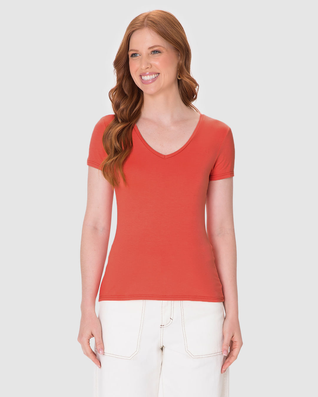 Blusa Básica Feminina Decote V Em Viscose Stretch - Imagem 9