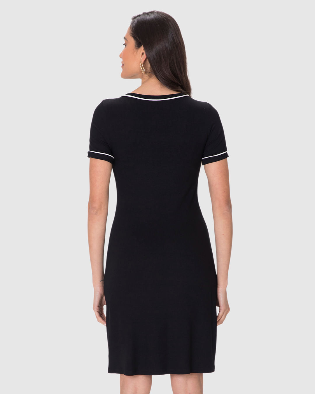 Vestido Básico Feminino Costura Contraste Em Malha Viscose Canelada - Imagem 5