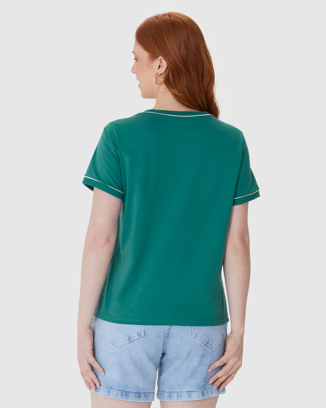 Blusa Básica Feminina Decote Redondo Costura Contraste Em Algodão - Imagem 30