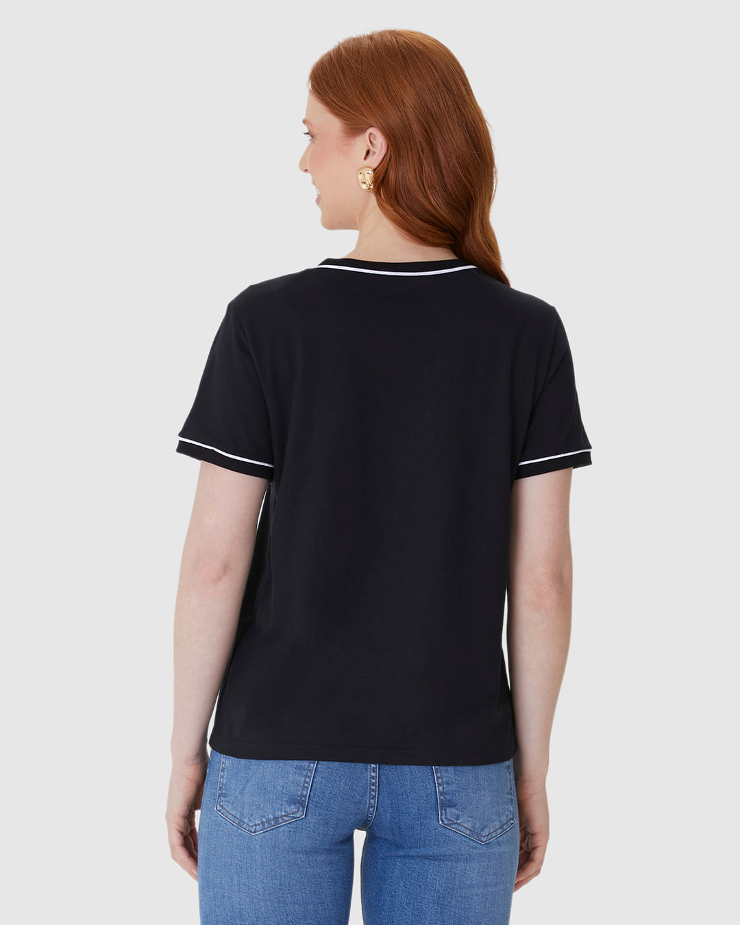 Blusa Básica Feminina Decote Redondo Costura Contraste Em Algodão - Imagem 5