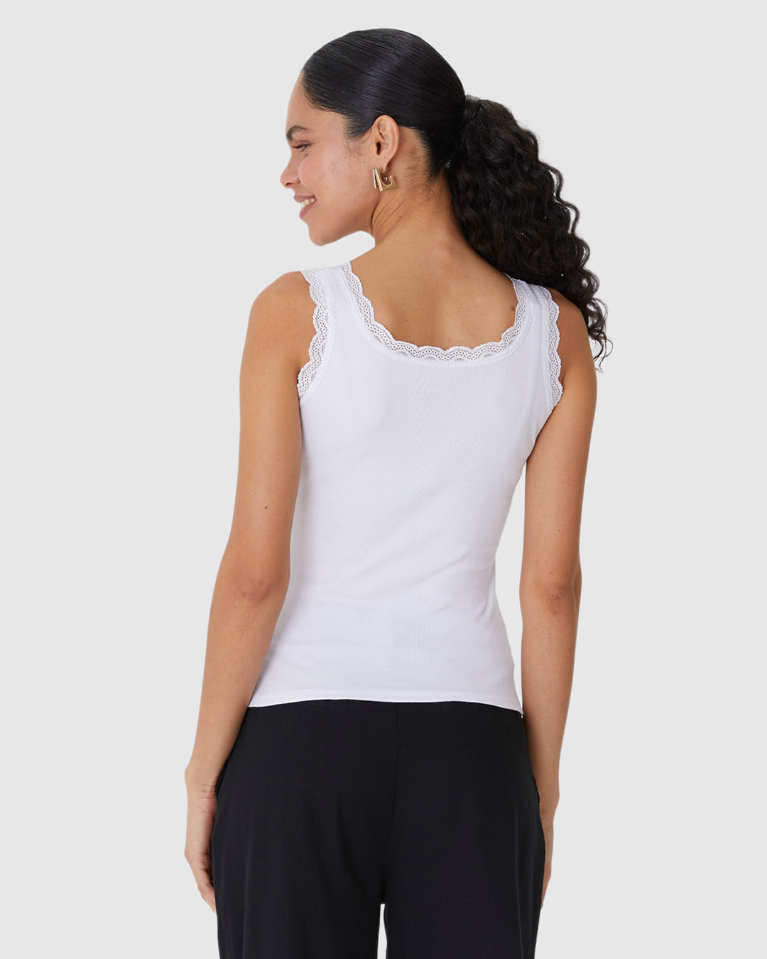 Regata Básica Feminina Detalhe Costura Renda Em Ribana - Imagem 5