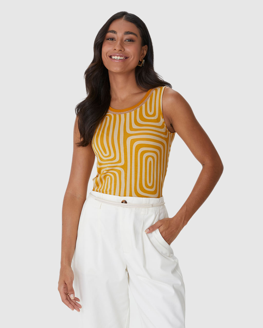 Regata Justa Feminina Estampada Gola Retilínea em Viscose Stretch