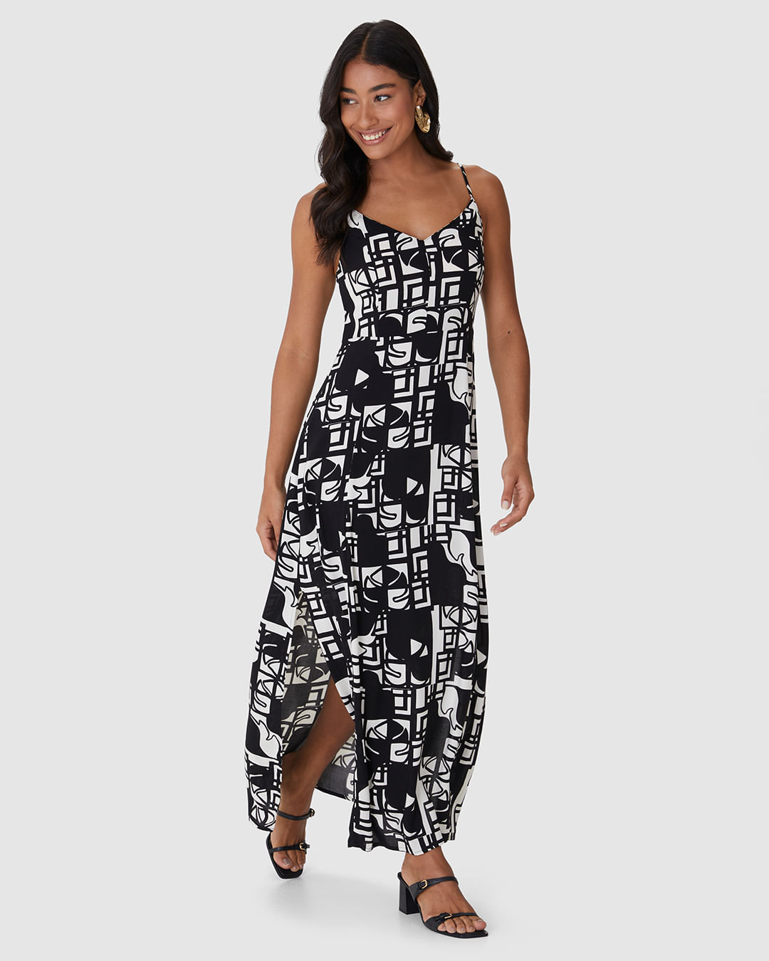 Vestido Midi Feminino Alça Fina Detalhe Fenda Lateral Em Viscose - Imagem 16