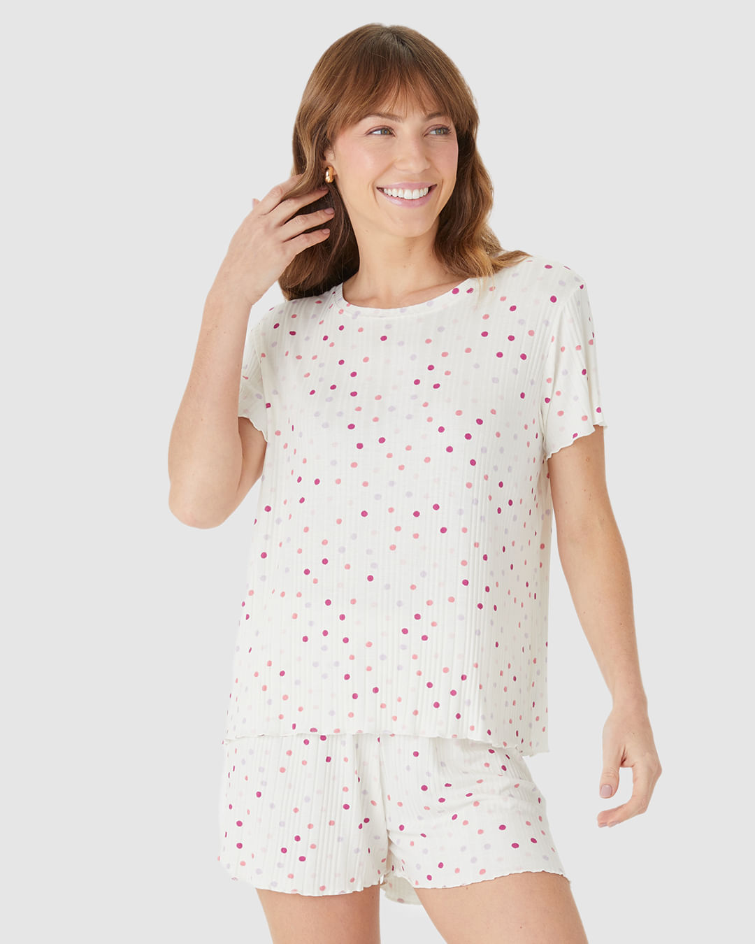 Pijama Curto Feminino Blusa Manga Curta E Shorts Em Malha Viscose Canelada - Imagem 7
