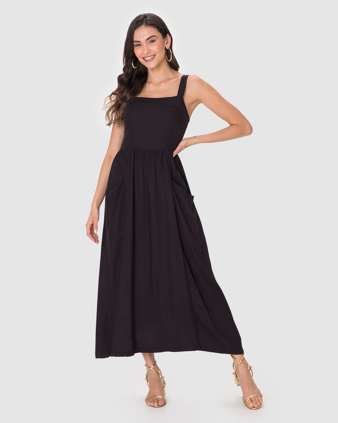 Vestido Midi Feminino Acinturado Bolso Lateral Em Viscolinho - Imagem 11