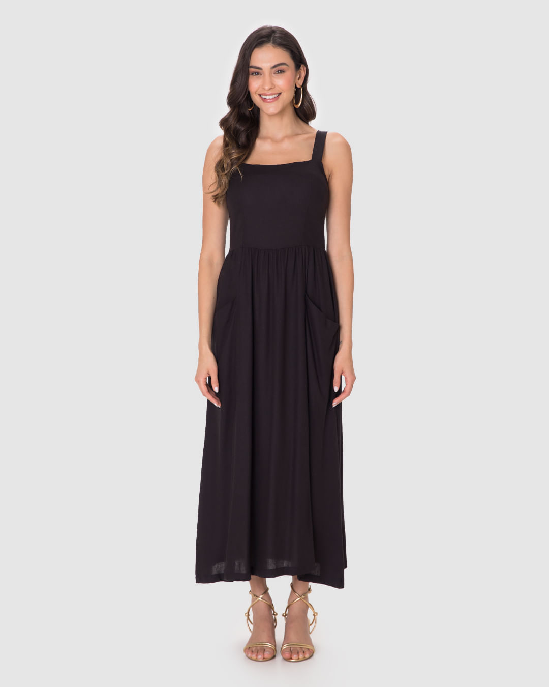 Vestido Midi Feminino Acinturado Bolso Lateral Em Viscolinho - Imagem 15