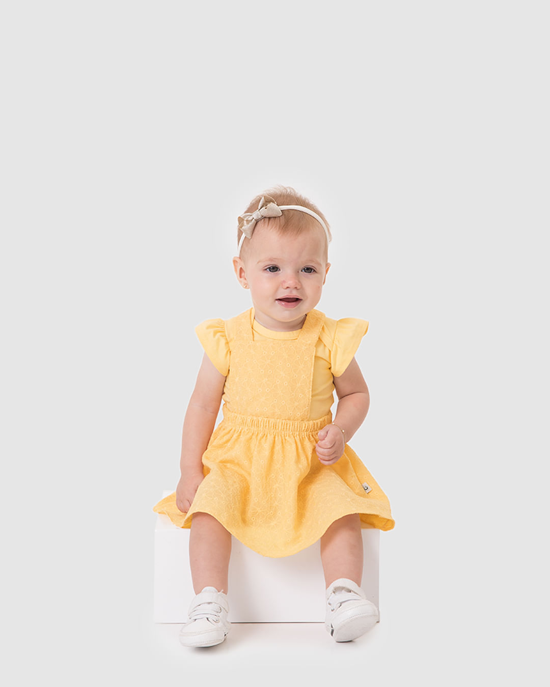 Conjunto Bebê Menina Body E Vestido Salopete Em Laise Algodão Malwee Kids - Amarelo - 3M