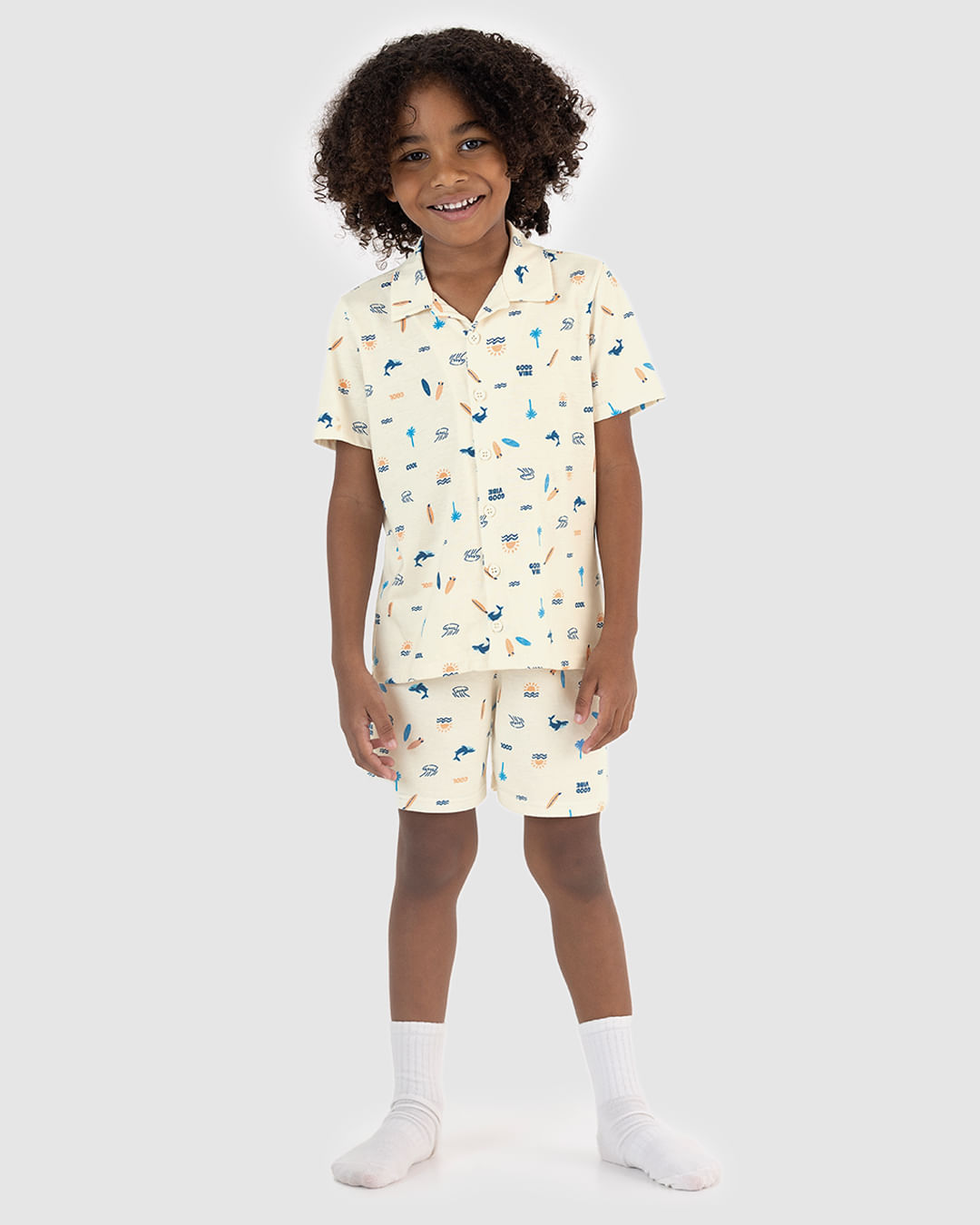 Pijama Infantil Menino Camisa Botão Frontal E Shorts Em Algodão Malwee Kids - Off White - 8