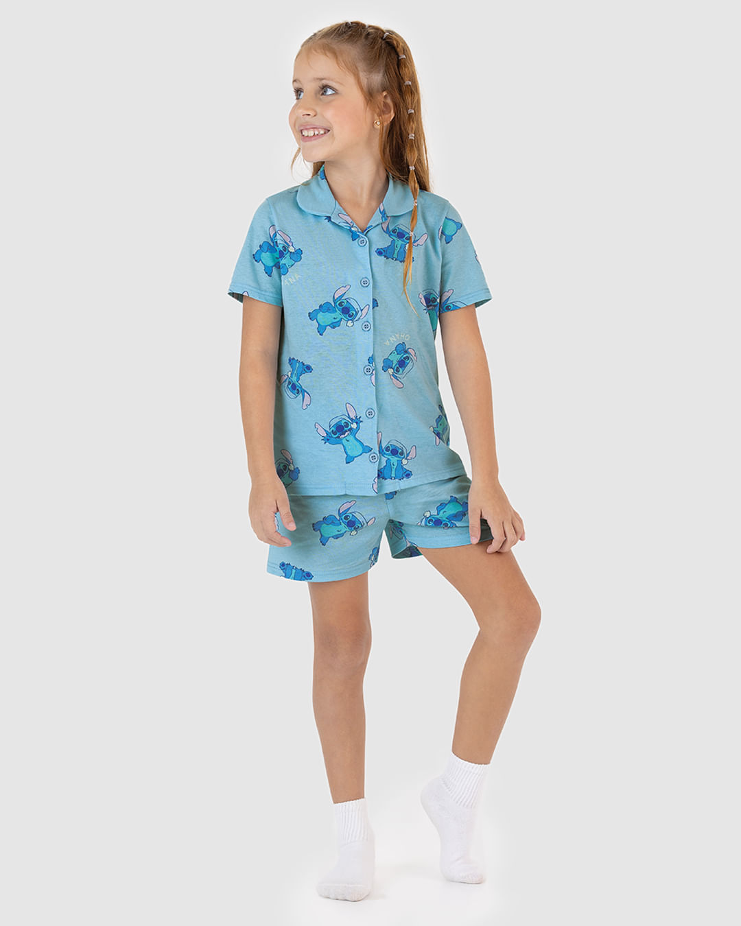 Pijama Curto Infantil Menina Americano Stitch Disney Em Algodão Malwee Kids