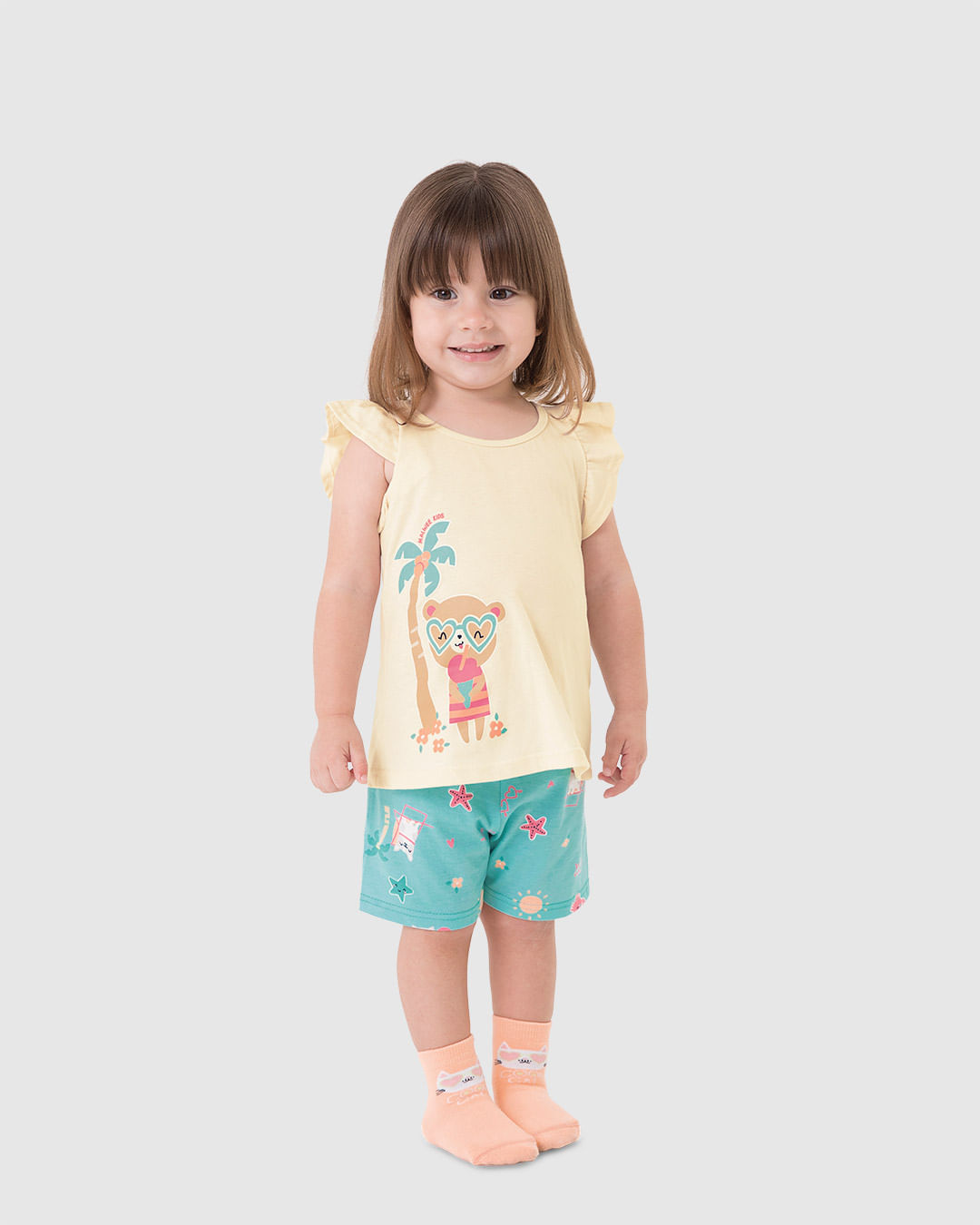 Pijama Curto Infantil Menina Blusa Manga Franzida Em Algodão Malwee Kids - Off White - 4