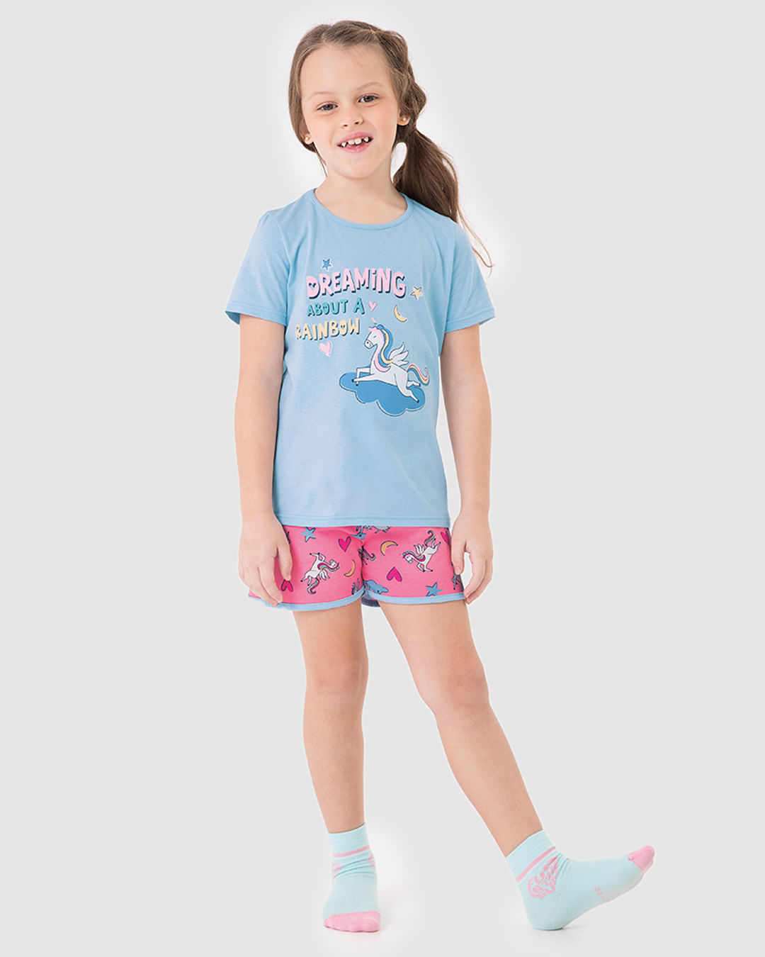 Pijama Curto Infantil Menina Dreaming About A Rainbow Em Algodão Malwee Kids - Azul - 6