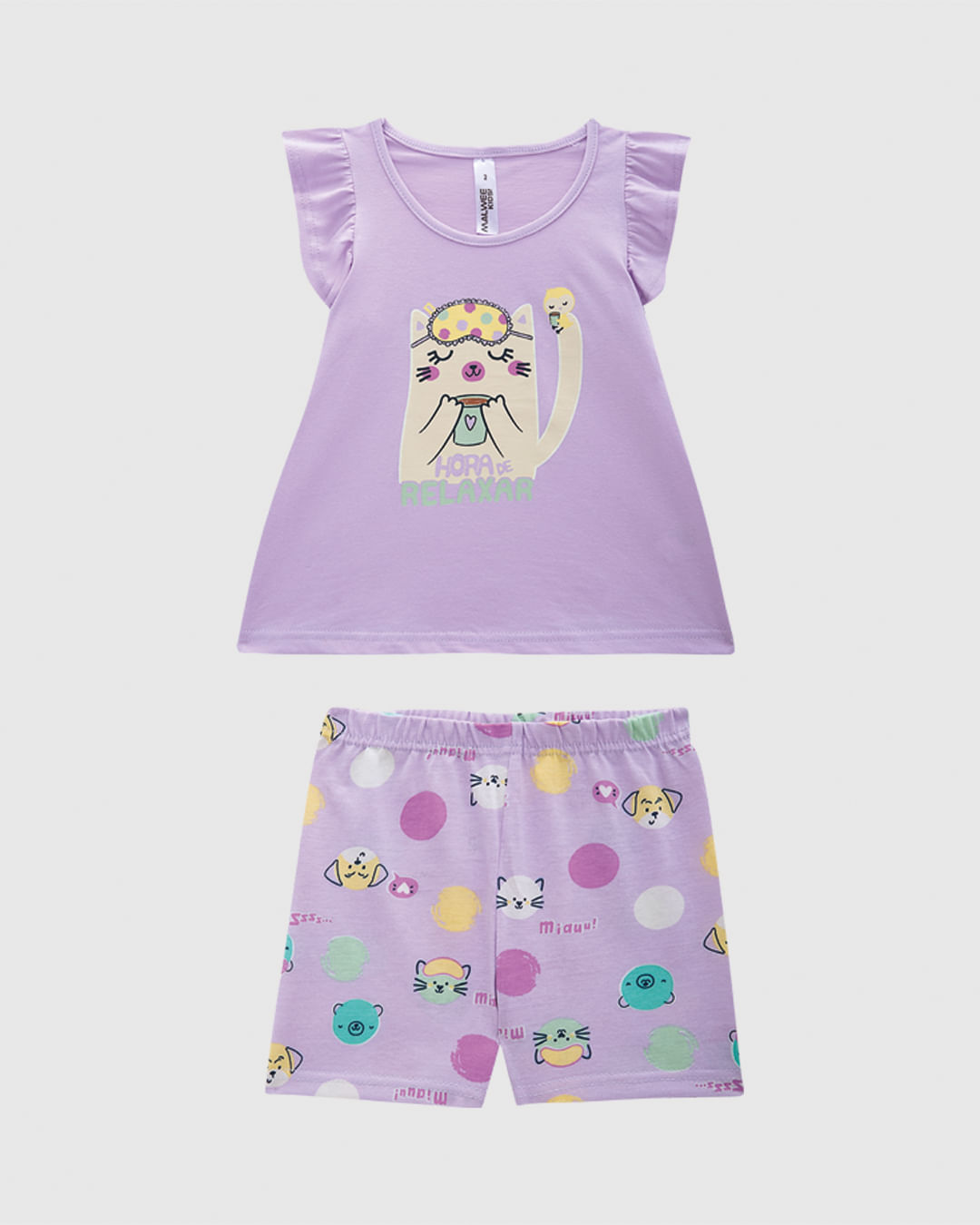 Pijama Curto Infantil Menina Blusa Manga Franzida Em Algodão Malwee Kids - Roxo - 6
