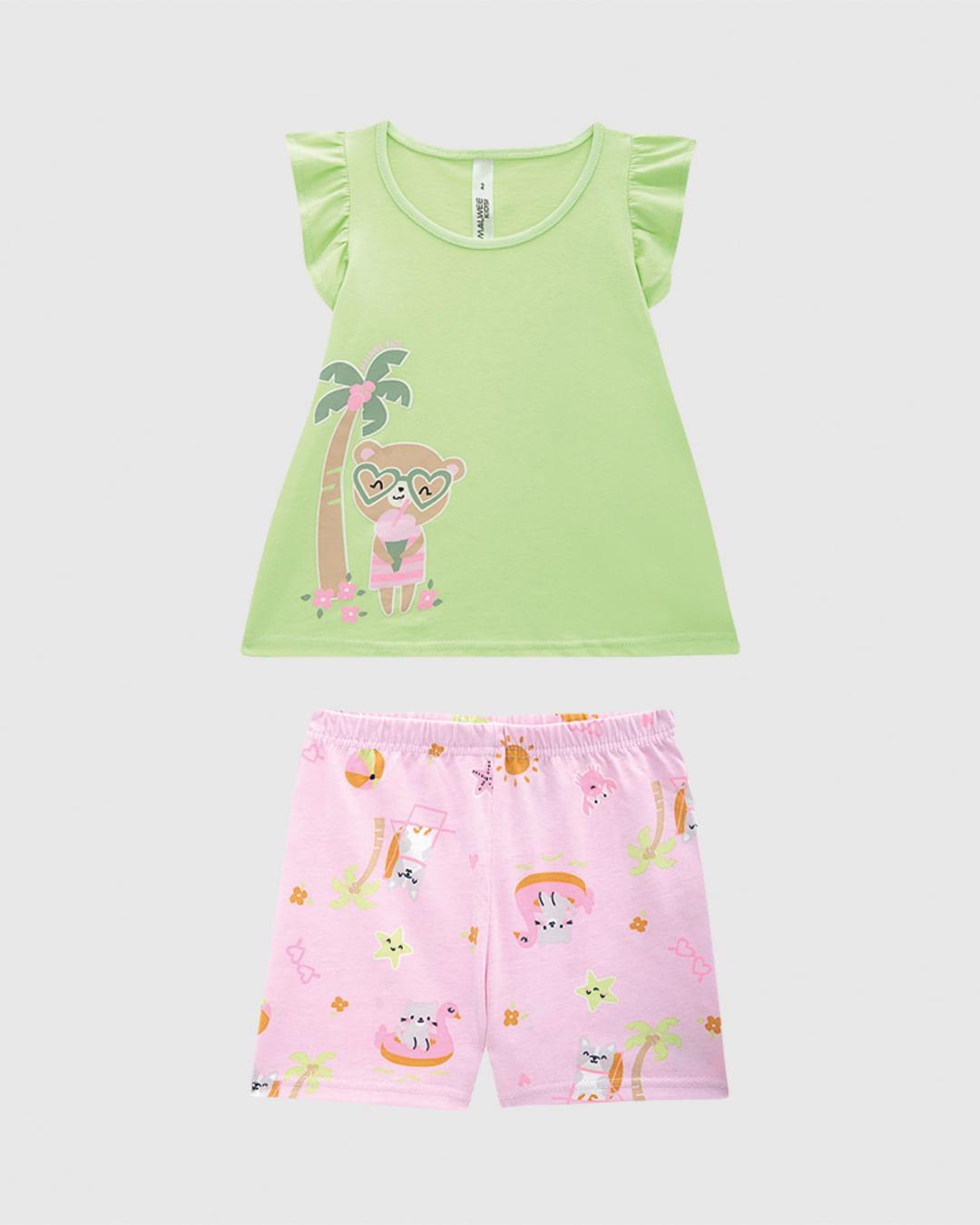 Pijama Curto Infantil Menina Blusa Manga Franzida Em Algodão Malwee Kids - Verde - 4